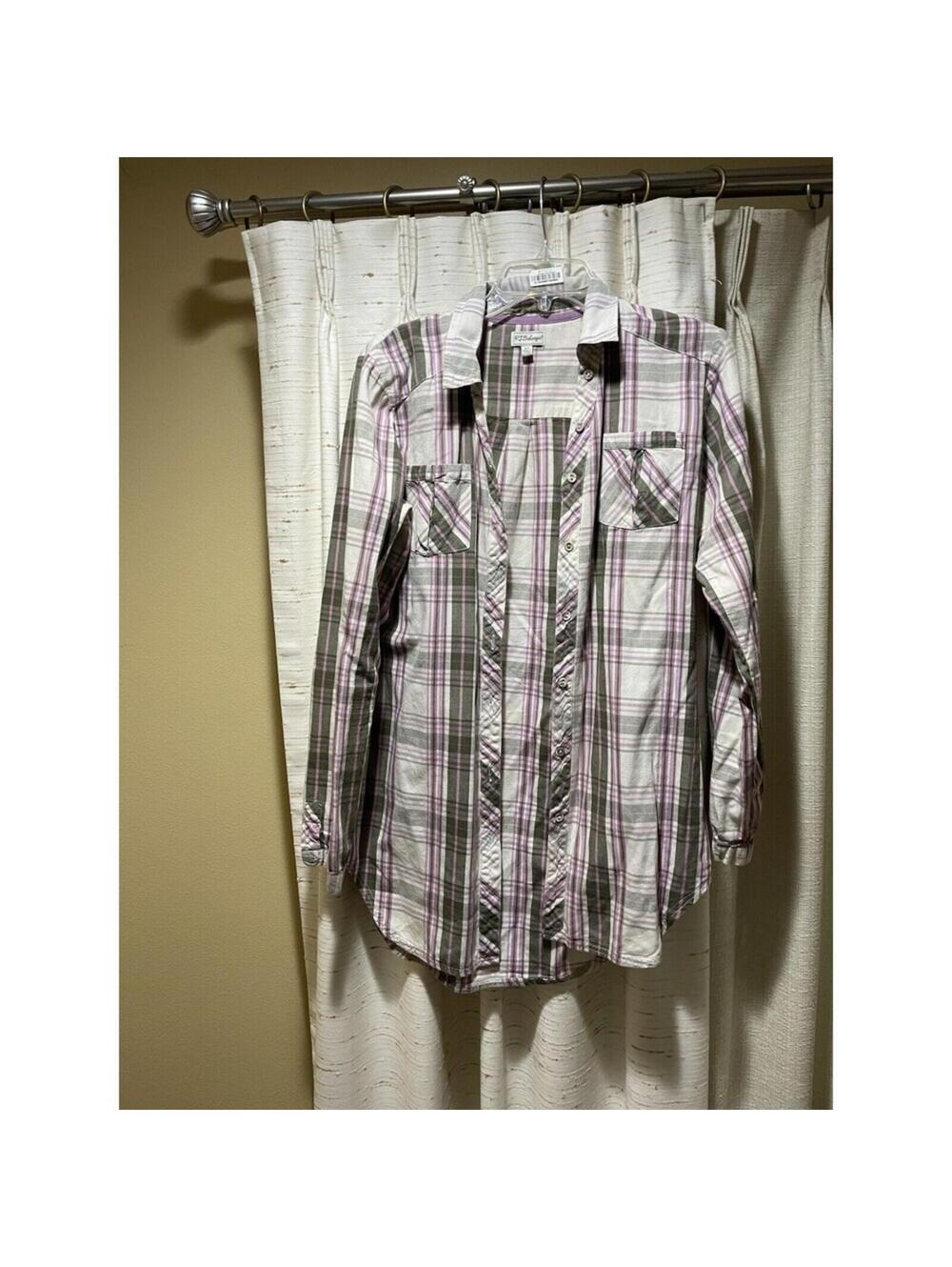 Women’s P.J.Salvage Plaid Button Down Shirt S Small Longer Style Ivory/ Green /